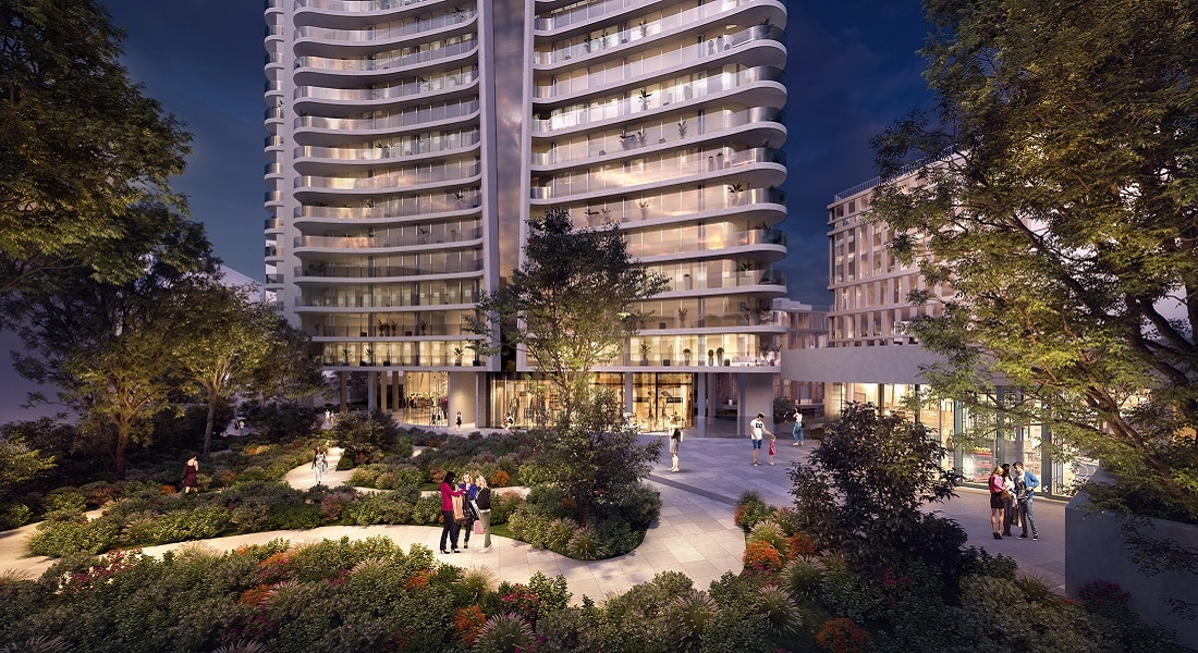 Rendering of the Town Square tower and gardens at night, Sliema